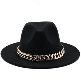 Wide Brim Hats Womens's Hat Thick Gold Chain Band Classic Black Beige Felted Panama Cowboy Jazz Men Caps Luxury Fedora Women