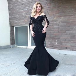 Black Mermaid Evening Dresses Formal Prom Party Gown Off-Shoulder Long Sleeve Floor-Length Sweep Train Beaded Applique Satin long Illusion