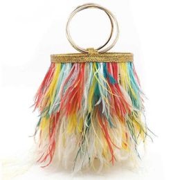Evening Bags Plush Bucket Chains Feathers 2023 New Fashion Trend Solid Colour Simple Casual Shoulder Messenger Bag 230427