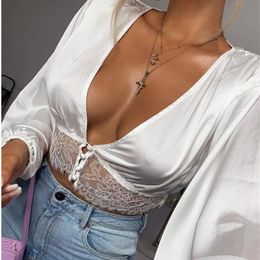 T-Shirt Spring Fall Hollow Out Women Crop Top Sexy Satin Silk Lace Patchwork Deep V neck Long Sleeve Button Shirts Blouse Tops