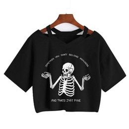 T-shirt Summer Punk Skull Grunge Tshirt Women Skull and Cat Mom Tee Loose Short sleeve Female Crop tops Gothic Harajuku Aesthetic Shirt