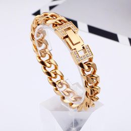 Link Bracelets Europe And The United States Hip Hop Jewelry Stainless Steel Cuban Chain Micro-set White CZ Men's Bracelet