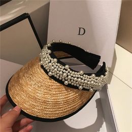 Fashion Pearl Straw Caps Without Top Holiday Beach Hat Womens Wide Brim Hats High Quality Sun Hat Tide Fisherman Hats268s