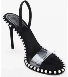 2023 Top Agrade Rhinestone Real Leather Dress Shoes Studded Sling Back Sandals Sandals Nova High Heels Size 34 to 40