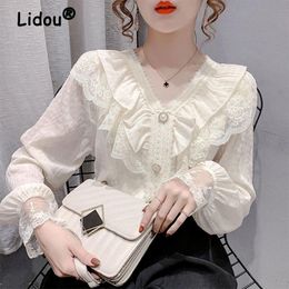 Shirts Spring Summer Sweet Elegan Long Sleeve Peter Pan Collar Cardigan for Women 2022 New Korean Fashion Design Casual Chic Blouses