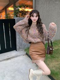 Work Dresses Sweet Outfit Suit Autumn And Winter Women's Wool Ball Shoulder Slip Soft Sweater High Waist Chic Leather Skirt Two-piece