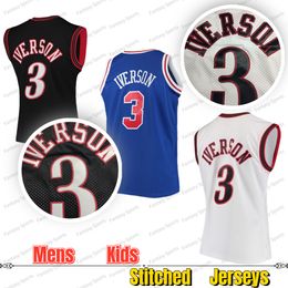 Men Kids Basketball 3 Allen Iverson Jersey Blue Red White Black ALL STITCHED Gifts For Fans Sport Shirts Jerseys Youth Boys Summer