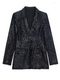 Women's Suits European And American Jacket Sequins Single Button Black Elegant Blazer Long Sleeve Slim Commuter Suit Coat