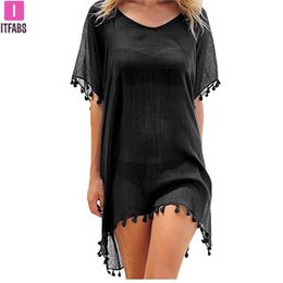 Swimwear 2021 Chiffon Tassels Beach Wear Women Swimsuit Cover Up Swimwear Bathing Suits Summer Mini Dress Loose Solid Pareo Cover Ups