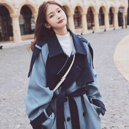 Women's Wool & Blends JuneLove Women Woolen Coat Winter Thick Warm Blue Patchwork Double Breasted Loose Korean Outwear Jacket Casaco Feminin