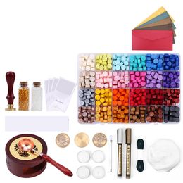 Stamping Exquisite Fire Paint Seal Set Creative Retro Art Wax Seal Stamp Set 24 Colors Wooden Handle for Envelope Invitation Craft