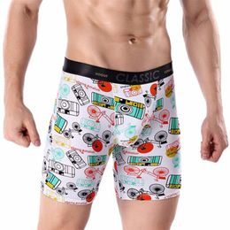 Underpants 3pcs Men's Sports Lengthened Ice Silk Printed Long Boxer Briefs Running Wear-resistant Legs Plus Size Five-point