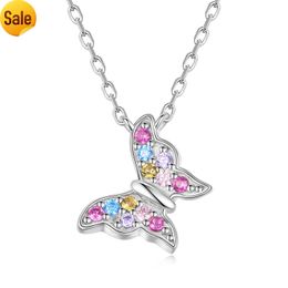 925 Sterling Silver Butterfly Necklace Fine Jewelry Crystal Zircon Colorful Large Butterfly Choker Chain Necklace for Women