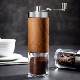 Manual Coffee Grinders Portable Wood Grain Hand Manual Coffee Grinder Silver Stainless Steel Coffee Bean Burr Mill Hand Crank for Dropship 230512