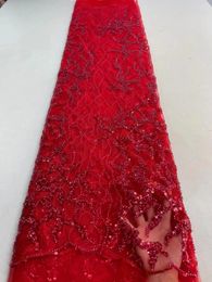 Fabric 2022 Red Latest Nigerian Lace Fabrics Fashion Women African Tull Lace Luxury Handmade Bead sequins Fabrics For Wedding 5Yards