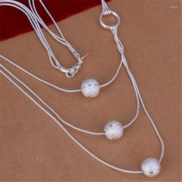 Chains 925 Silver Necklace Fashion Elegant Jewellery Charm Triple Chain Charms Women Cute Beads Lady Pretty 45cm