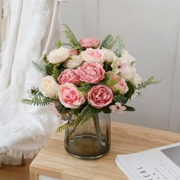 Decorative Flowers 28cm Rose Pink Silk Peony Artificial Bouquet 5 Big Head Fake For Home Wedding Arrangement Flower Decoration