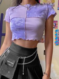 T-shirt Chic Crop Tops Tees Tie Dye With Sequin Patchwork Women Summer Tshirts Ruffles Hem Purple Or Bule Clothes