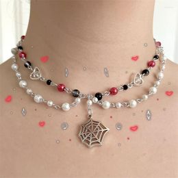 Choker Handmade Red And Black Glass Pearl Beads Crackle Rosary Style Necklace -double Layer With Spiderweb Pendant