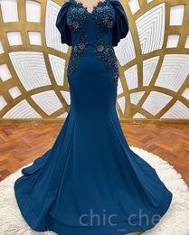 2023 May Aso Ebi Lace Beaded Prom Dress Navy Blue Mermaid Satin Evening Formal Party Second Reception Birthday Engagement Gowns Dress Robe De Soiree ZJ199