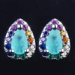 Stud Earrings Personality Inlaid Coloured Diamond Drop With 925 Stamp Fashion Colourful Zircon Lake Green Paraiba Pear