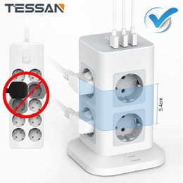 Adaptors TESSAN Tower Power Strip Multi Plug Vertical Socket with Switch 8 Sockets 3 USB Ports 2M Cable Surge Protection for Home Office