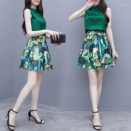 Work Dresses Floral Print Skirt Set Women Tops High Waist Pleated Mini Skirts Female Two-piece Suit Women's Clothing Matching Sets Q648