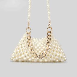 Evening Bags Pearls Hollow out Woven Underarm for Women 2023 New Fashion Wallet Handbag Metal Chain Pearl Female 230427