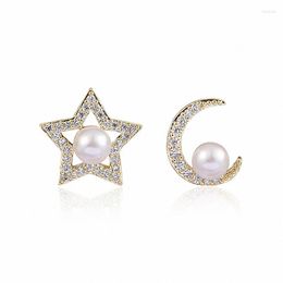 Stud Earrings Classic Star Moon Design Asymmetric Pearl For Women Girls Contracted Exquisite CZ Zircon Jewellery LE1460