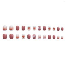 False Nails Faux Ongles 24PCS Midi Press On Sweet Style Peach Print Fake Removable Wearable Bow Deor Artificial Salon DIY