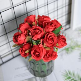 Decorative Flowers One Bundle 12 Head Red Roses Artificial Flower Bouquet Wedding Centerpieces Decor Bride Bridesmaid Holding & Wreaths