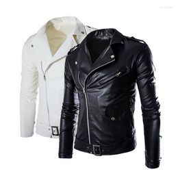 Men's Jackets Men Slim White Leather Oblique Zipper Motorcycle Outwear Moto Biker Coats Size 4XL