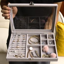 Jewellery Pouches Velvet Glass Ring Earring Display Organiser Box Storage Divider Soft Grey Case Jewellery Tray