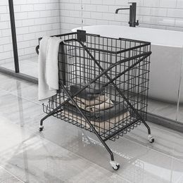 Organisation Nordic Wrought Iron Laundry Baskets Bathroom Dirty Clothes Basket Toy Clothes Storage Basket With Wheels Household Large Basket