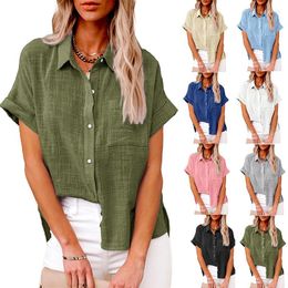 Women's Blouses Blouse Women's Spring/Summer 2023 Solid Colour Cotton Pocket Short Sleeve Shirt Top Camisas De Mujer Chemise Femme