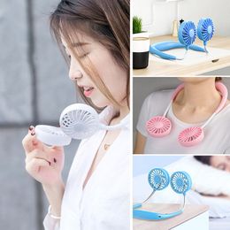Party Favour Hand Free Fans Sports Portable USB Rechargeable Dual Mini Air Cooler Summer Neck Hanging Fan Q52