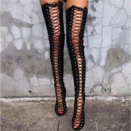 Sexy Cut-Outs Thigh High Boots Lace Up Over-The-Knee Boots Woman Kim Kardashian Style High Heels Long Gladiator Sandals315V