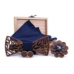 Wooden Bow Tie Handkerchief Set Men's Plaid Bowtie Wood Hollow carved cut out Floral design And Box Fashion Novelty ties238w