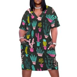 Plus size Dresses Funny Cactus V Neck Cacti Plants Print Aesthetic Holiday Cute Casual Woman Custom Size Clothes 230512