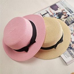 Lady Boater sun hat Ribbon Round Flat Top Straw Fedora Panama Hat summer caps for women straw hat women's hats gorras232H