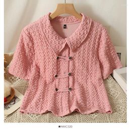 Women's Blouses Summer Fashion Chinese Style National Buckle Polo Collar Short-sleeved Shirt Female Design Sense Niche Short Top