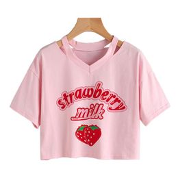 T-shirt Harajuku Kawaii Strawberry Milk Graphic Tshirt Women Vneck Streetwear Summer Hokkaido Crop Tops Gothic Loose Pink Short shirt