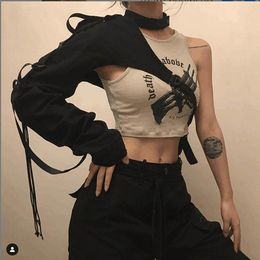 Sleevelet Arm Drawstring Hanging Neck Metal Buckle One shoulder Long Top Punk Oversleeve Dance Cosplay Costume Streetwear White 230512