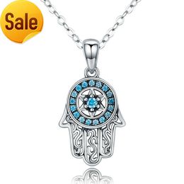 GN02 Genuine 925 Sterling Silver Boho Fatima Guarding Hand Pendant Necklaces Women Turkish Jewellery