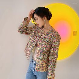 Women's Jackets Colorful Wool Tweed Fabric Women Short Coat Woven Outerwear Plaid Street Thick Office Work Clothing