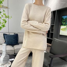 Women's Two Piece Pants Cashmere Suit Ladies O-Neck Pullover Fall/Winter Pure Wool Two-piece Casual Knitted Large Size Tops Female Jacket