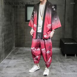 Ethnic Clothing Style Traditional Print Cardigan Couple Kimono Japanese Man Yukata Harajuku Beach Loose Thin Coat Pants Plus Size 5XL