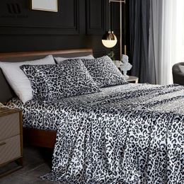 Set HENGWEI Sheets Set Queen Flat Sheet Fitted Sheet Pillow Case Satin White Leopard Print Linens for Bed Summer Bedding Set