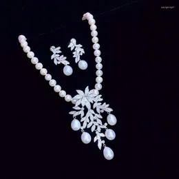 Necklace Earrings Set 19" White Round Pearl Sea Shell CZ Pendant And Match Earring