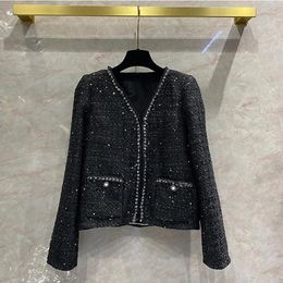 Women's Jackets Designer Luxury Sequined Jaqueta Feminina 2023 Winter Brand Elegant V-neck Short Tweed For Women High Quality Wool Coat